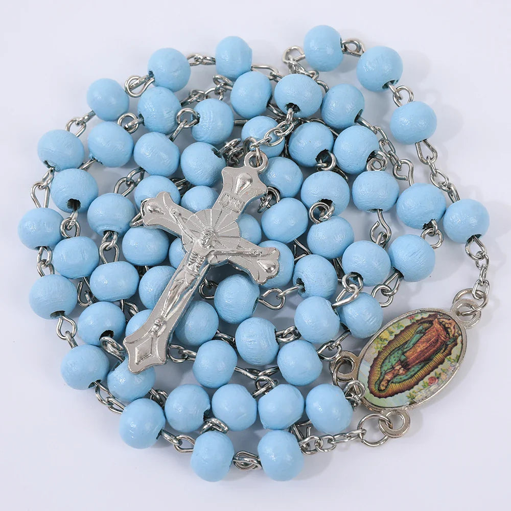 Blue Rosary Necklace For Women Men 6MM Wooden Prayer Beads Long Chain Religious Virgin Mary Cross Pendant Men Party Jewelry Gift Vera Lux