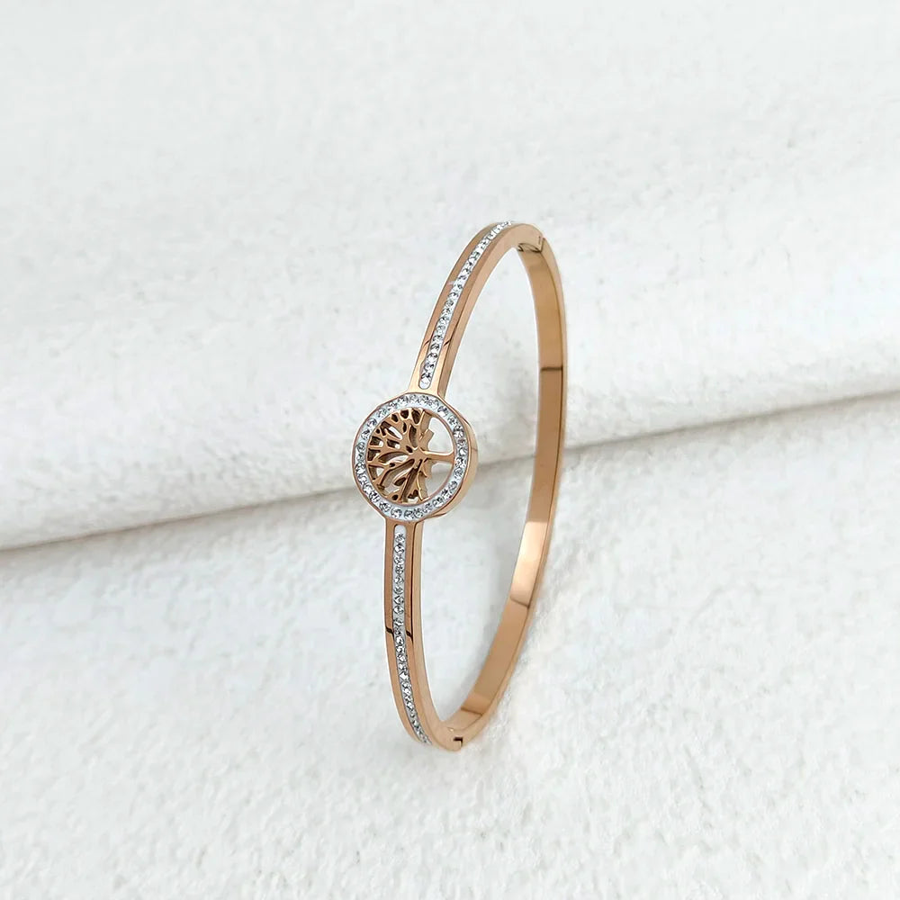 Luxury Stainless Steel Tree of Life Bangle for Women Men Crystal Zircon Bracelet Silver Gold Color Wrist Jewelry Accessories Vera Lux