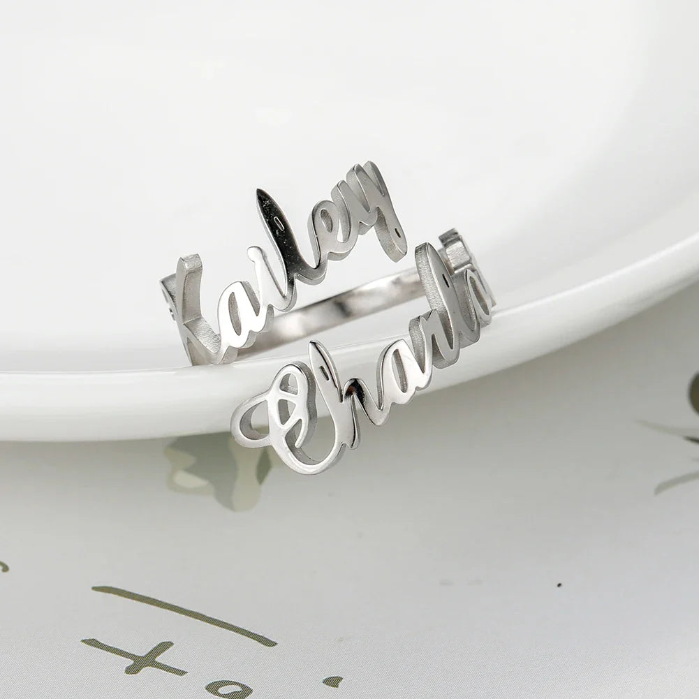 Custom Double First Name Finger Ring For Women Men Personalized Couple Family Gift Gold Color Stainless Steel Metal Jewelry Vera Lux