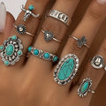 10pcs Trendy Western Style Rings Set for Women Men Vintage Turquoise Bull Head Lotus Sun Design Ring Daily Outfits Jewelry Gifts Vera Lux