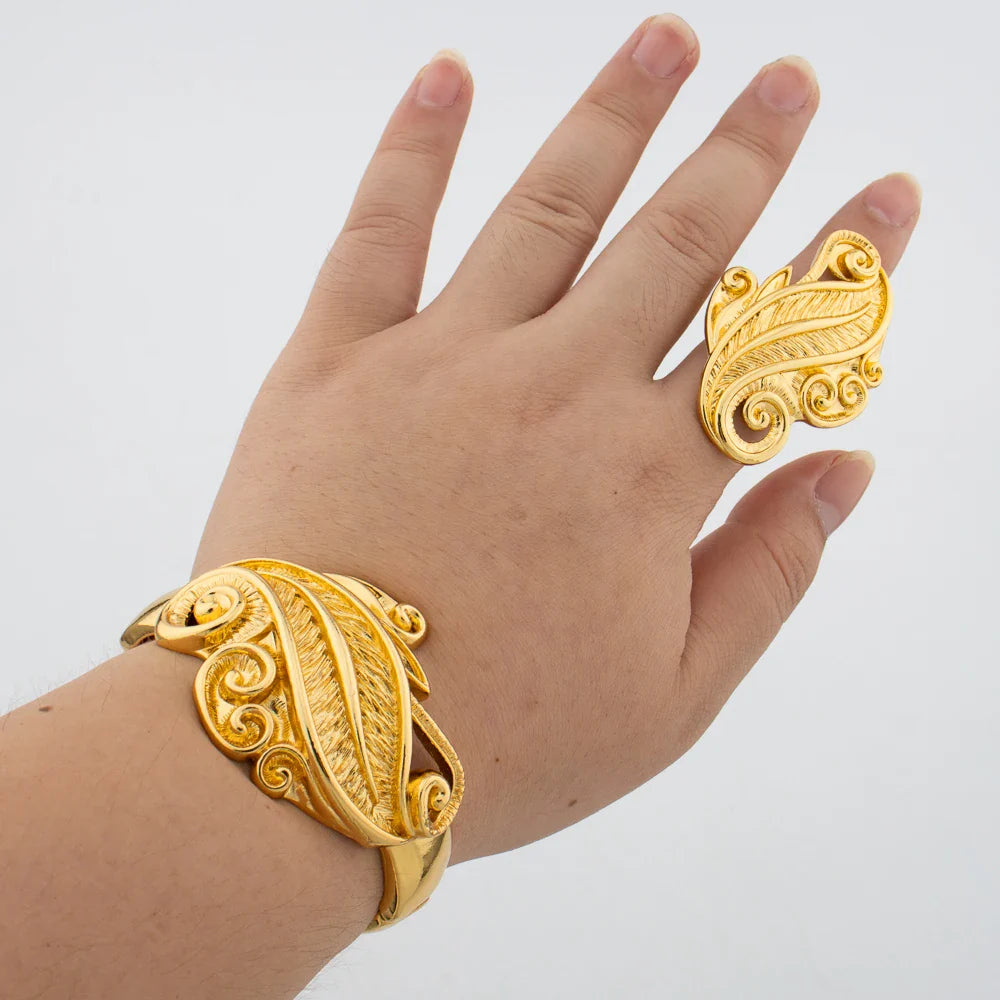 Leopard Design Bangle and Ring Jewelry Set Gold Plated African Bracelet Adjustable Ring Weddings Bridal Jewelry Accessories Vera Lux