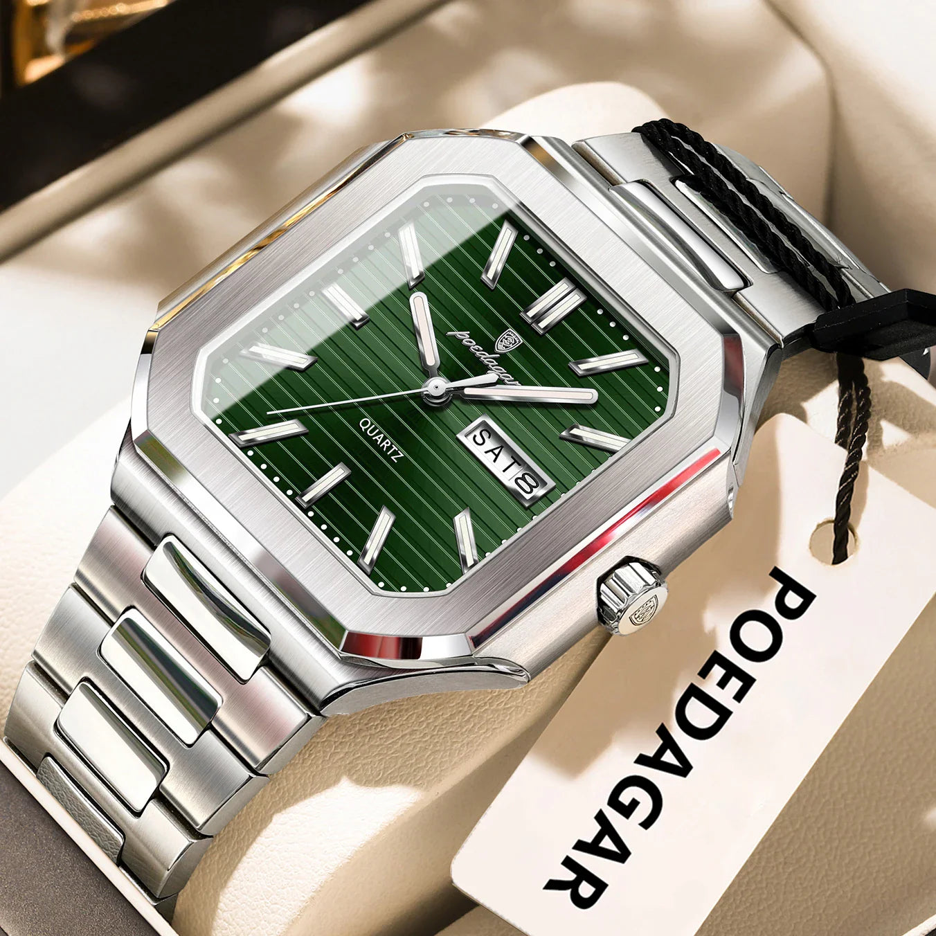 POEDAGAR Square Fashion Man Wristwatch Waterproof Luminous Date Week Quartz Men's Watches Stainless Steel Luxury Men Watch Reloj Vera Lux