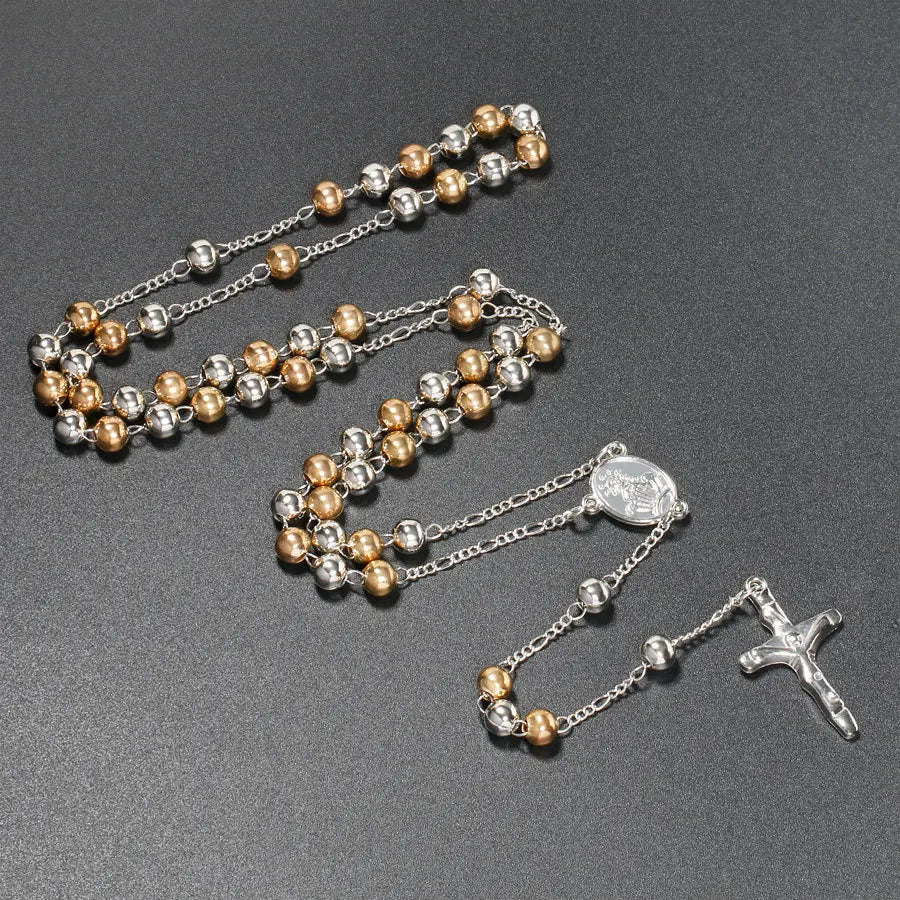 6MM Metal Beads Rosary Necklaces For Women Men Long Chain Crucifix Cross Pendant Necklace Religious Praye Jewelry Vera Lux