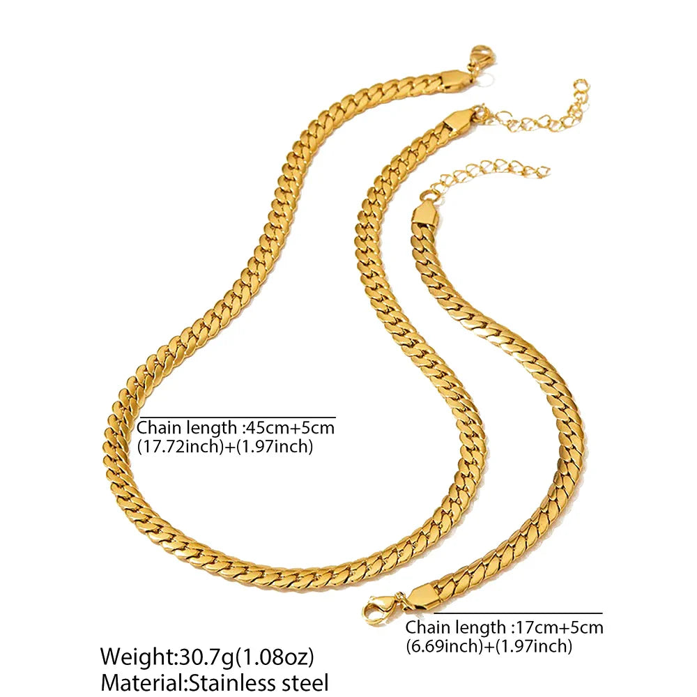 Aomogo Stainless Steel Simple Flat Cuban Chain Bracelet Necklace Jewelry Set 18k Gold Plated Fashion Thick Chain Fashion Jewelry Vera Lux
