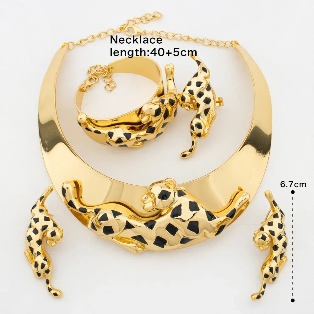 Woman Jewelry Set African Fashion Leopard Necklace Earrings 18K Gold Plated Animal Shape Bracelet Ring Copper Dubai Jewelry Gift Vera Lux