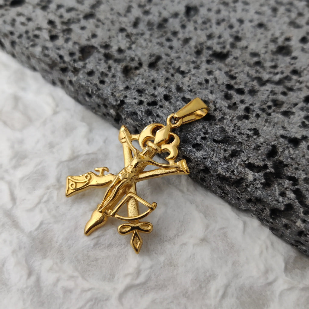 Men's Jesus Cross Necklace 18K Gold Plated Stainless Steel Christian Gun Arrow Pendant Religious Jewelry Gift Vera Lux