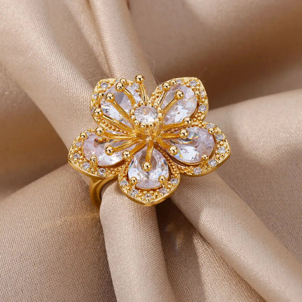 Delicate Zircon Flower Rings for Women Stainless Steel Ring 2024 New Trend Elegant Luxury Aesthetic Jewelry anillos Vera Lux