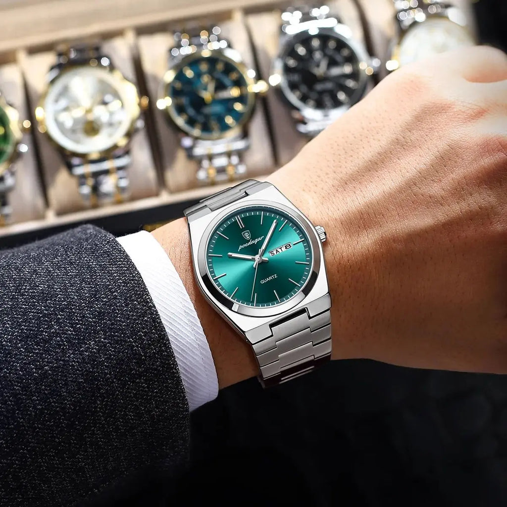 POEDAGAR Luxury Sport Quartz Man Wristwatch Waterproof Luminous Date Week Men Watches Stainless Steel Men's Watch Male Reloj+box Vera Lux