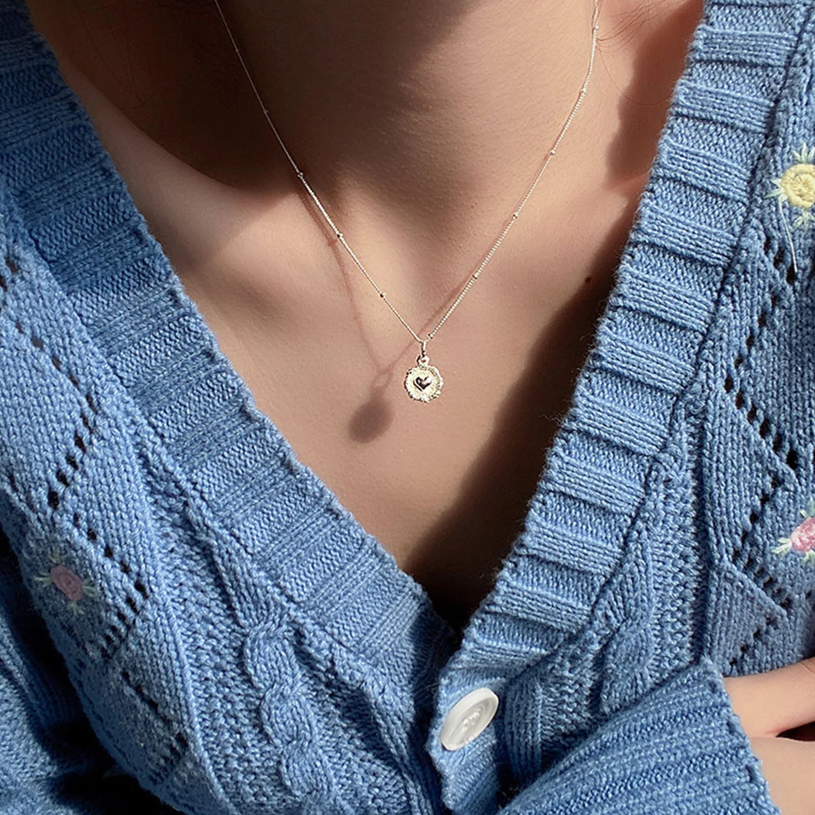 925 Sterling Love Heart Texture Bead Necklace for Women Girl Stereoscopic Design Double Sided Jewelry Gift Wholesale Vera Lux
