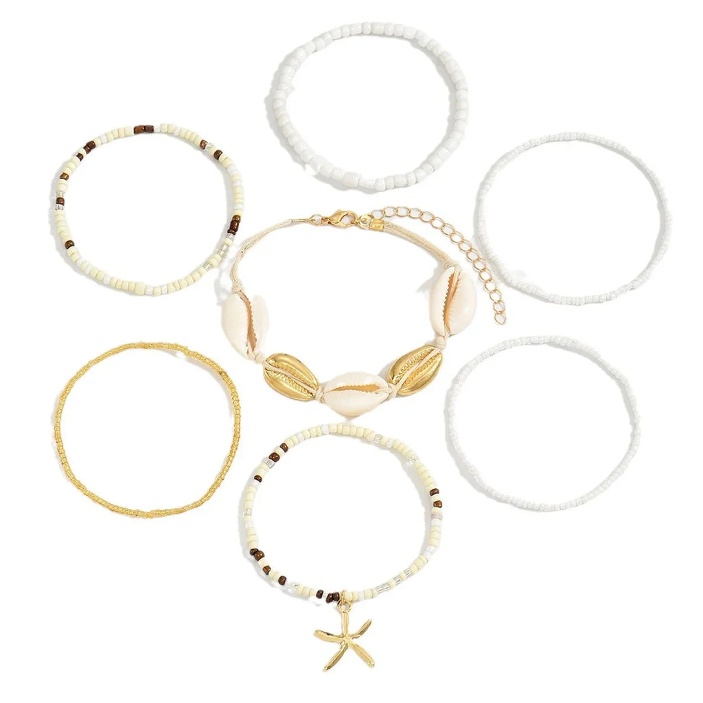 7pcs/set Bohemian Holiday Wind Shell Beaded Woven Bracelet Starfish Rice Beads Women's Bracelet Set Beach Party Seaside Holiday Vera Lux