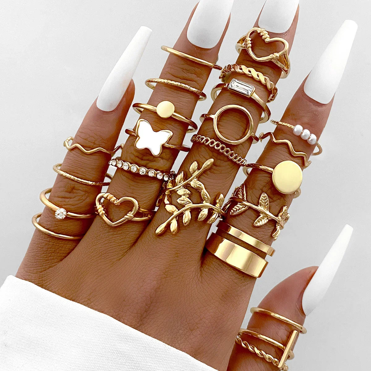 47Pcs/Set Vintage Gold Color Heart Rings Set For Women Men Hollow Butterfly Pearl Crystal Geometric Rings Trendy Finger Jewelry Vera Lux