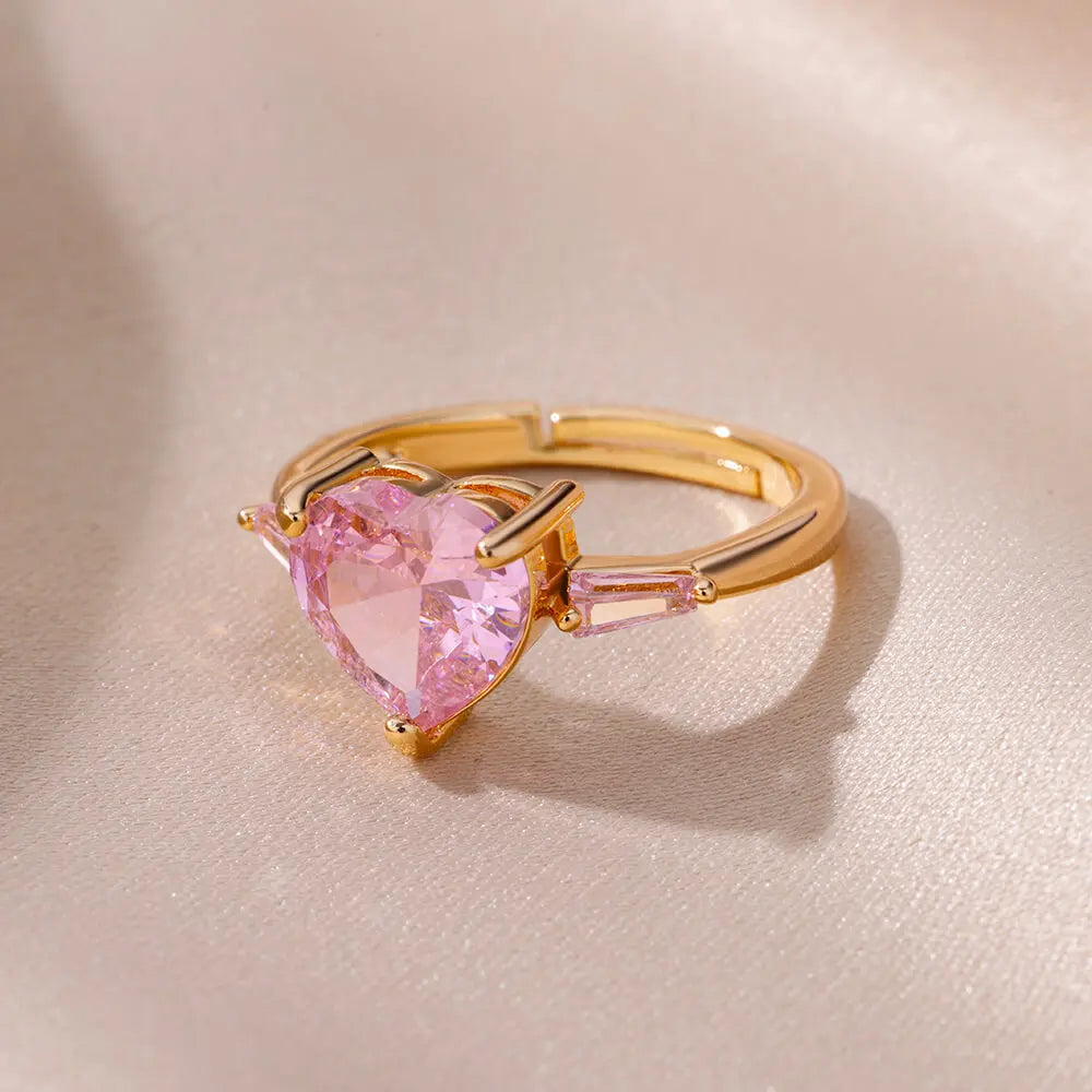 Pink Zircon Heart Rings For Women Gold Plated Stainless Steel Adjustable Heart Ring 2023 Trend Wedding Aesthetic Jewelry Gift Vera Lux