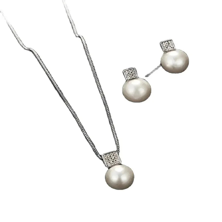 2 PCS Imitation Pearl Pendant Women Necklace Earring Stud Set Silver Color Snake Chain Square Metal Full Crystal Jewelry Set Vera Lux