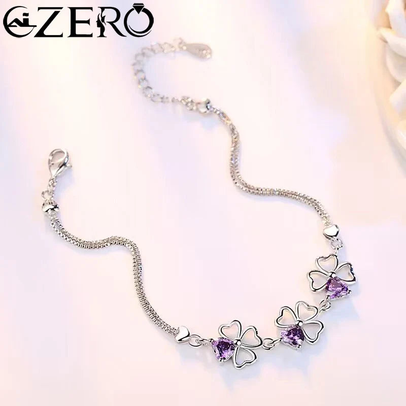 NEW Fine 925 Sterling Silver Purple Crystal Lucky Clover Bracelets for Women Fashion Party Wedding Accessories Jewelry 17CM+4CM Vera Lux