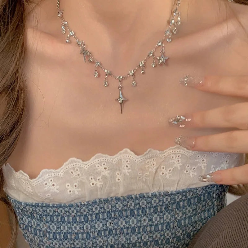 Kpop Star Pendent Necklace for Women Punk Simple Zircon Tassel Clavicle Chain Choker Elegent Party Gift Jewelry Girl Vera Lux