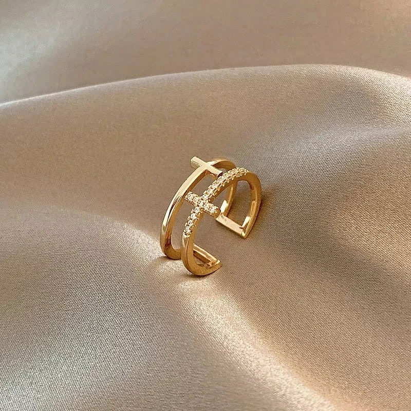 Fashion Double Layer Cross Open Ring For Women Minimalist Gold Silver Color Adjustable Finger Ring Female Party Wedding Jewelry Vera Lux
