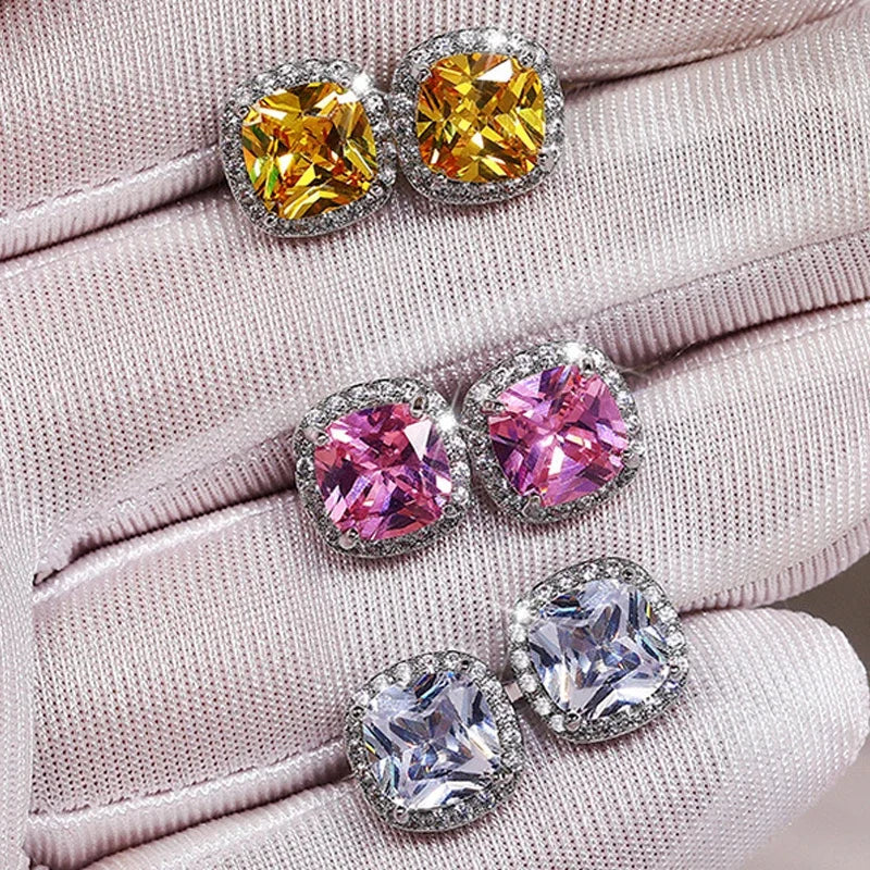 Ne'w Bright White/Yellow/Pink CZ Stud Earrings for Women Fashion Contracted Jewelry High Quality Wedding Engagement Vera Lux