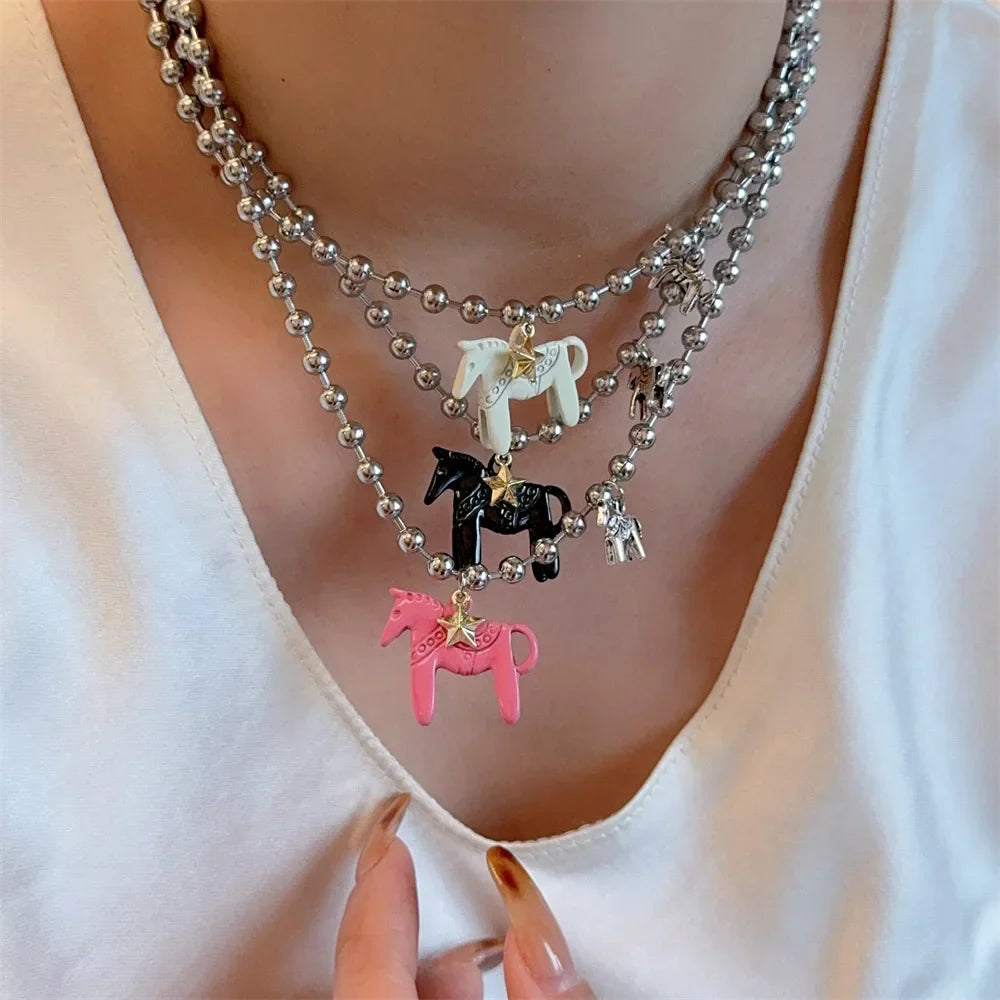 LATS White Black Green Blue Pink Color Enamel Colt Horse Pendant Necklaces for Women Silver Plated Alloy Beads Chain Chokers Vera Lux
