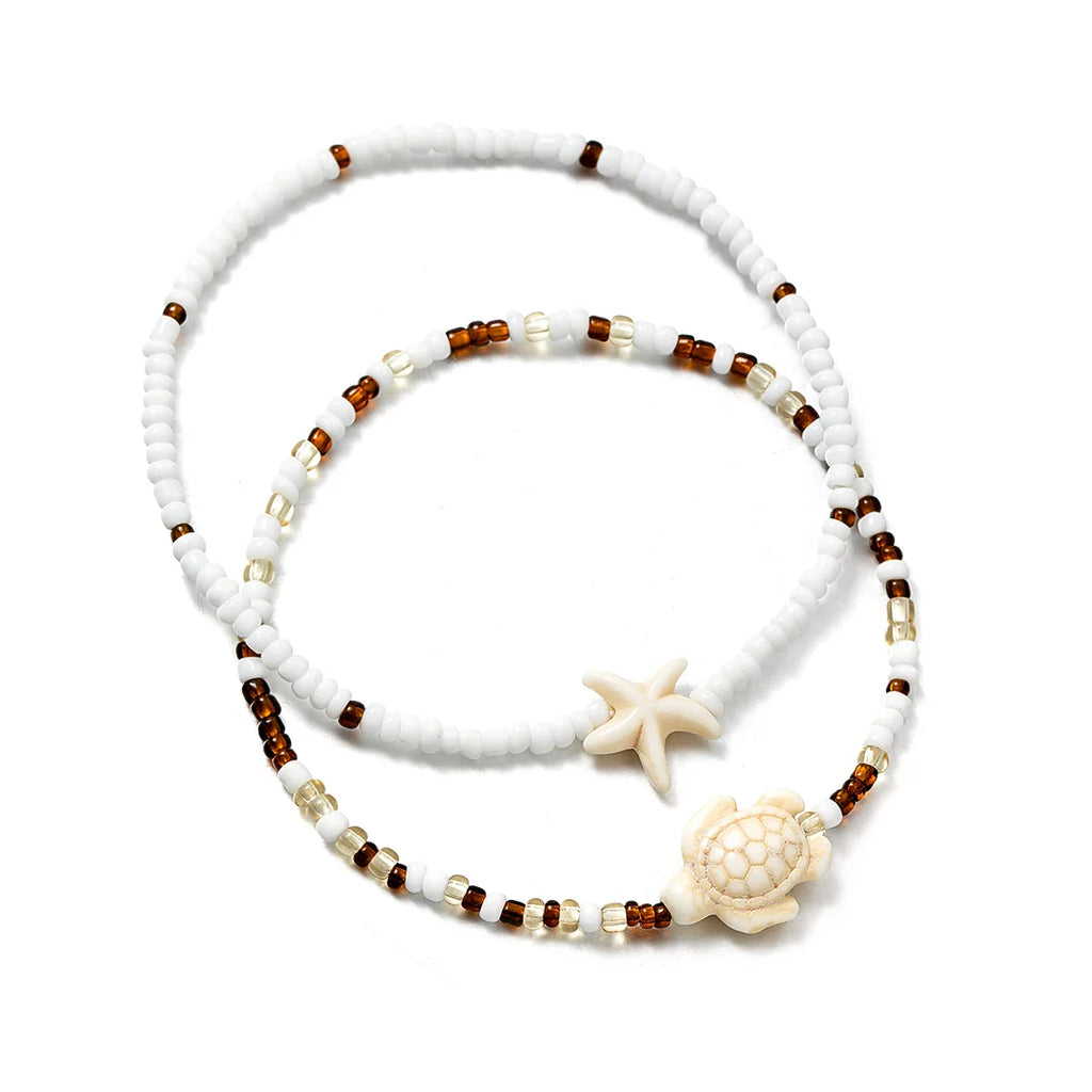 2 Bohemian style turquoise starfish turtle ankle chains, double-layer layered mixed color rice bead beach ankle chains Vera Lux