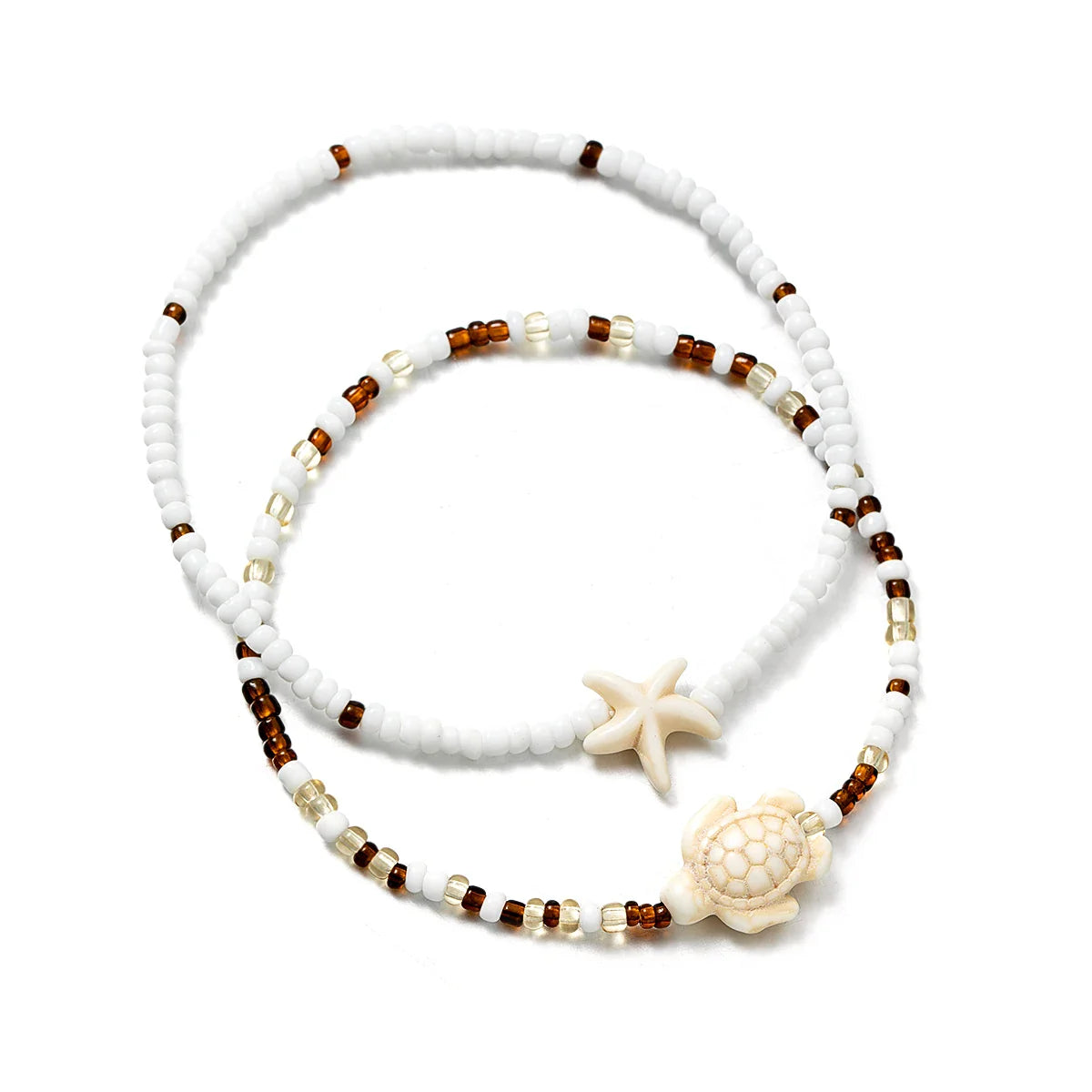 2 Bohemian style turquoise starfish turtle ankle chains, double-layer layered mixed color rice bead beach ankle chains Vera Lux