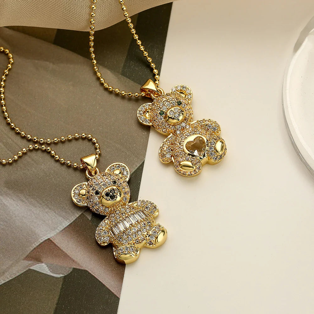 NEWBUY Hot Sale 2 Style Lovely Bear Pendant Necklaces For Women Shiny CZ Zircon Inlay Gold Color Copper Jewelry Vera Lux