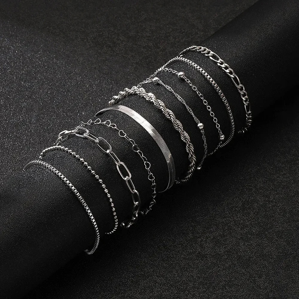 10 Pcs Vintage Statement Gold Color Flat Snake Chain Box Chain Bracelet Boho Multi-layer Metal Bracelet Women's Summer Jewelry Vera Lux