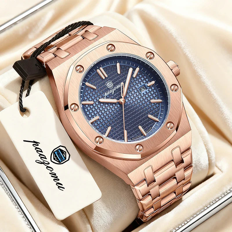 PAAZOMU High Quality Original Men Clock Waterproof Luminous Date Luxury Man Watch Stainless Steel Quartz Men's Watches Male+Box Vera Lux