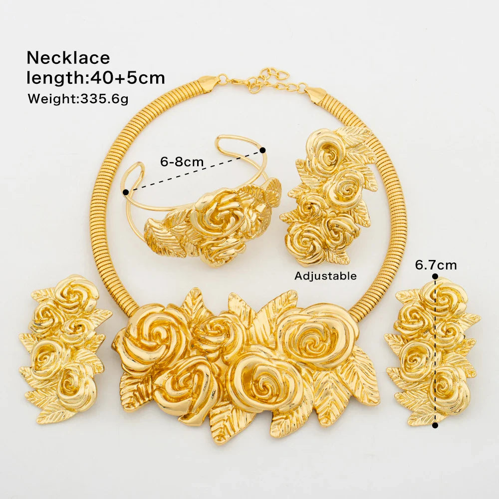 African Fashion Flower Jewelry Set for Women Luxury Gold Color India Big Hig Quality Earrring Necklace Bangle Ring Bride  Gif Vera Lux