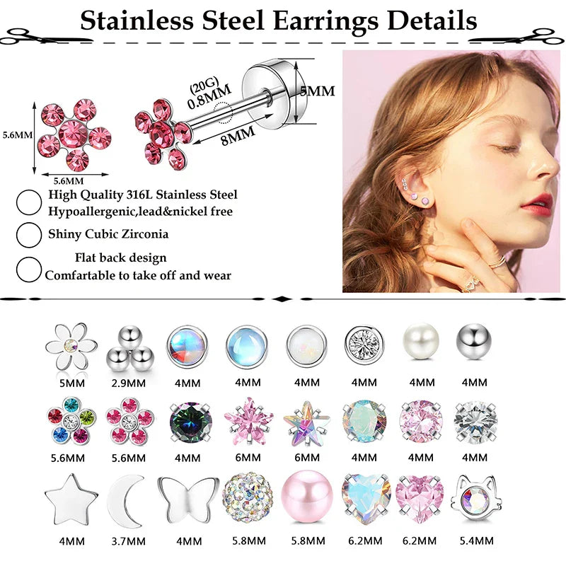 2PCS/Set Stainless Steel Heart Moon Earbone Stud Screw Ball Stud Earrings for Women Fashion Ear Tragus Cartilage Body Piercing Vera Lux
