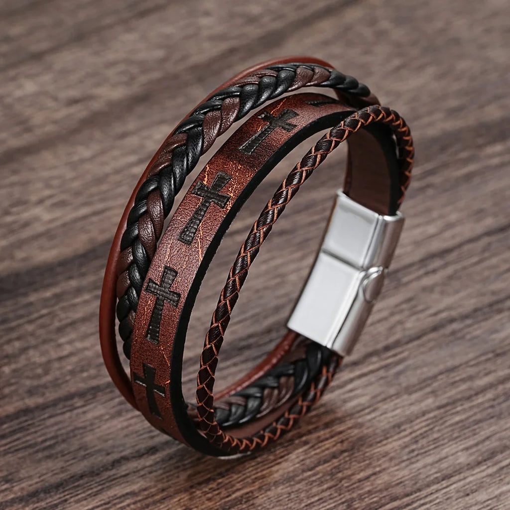 Fashion Cross Leather Rope Bracelet for Men Vintage Woven Leather Bracelet Punk Metal Magnet Buckle Personality Bracelet Jewelry Vera Lux