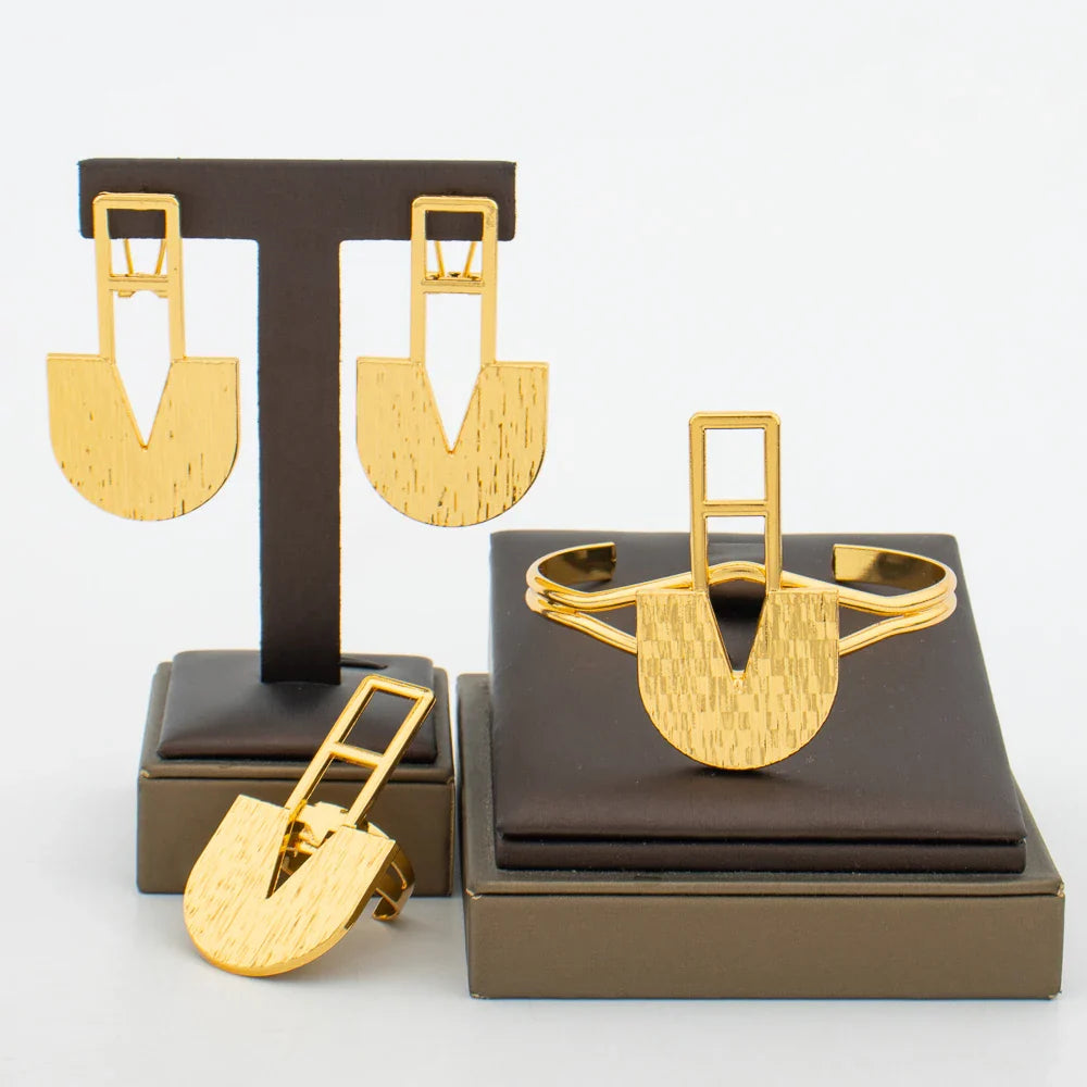 African Gold Color Jewelry Set for Women Drop Earrings and Bangle Ring 3Pcs Set Weddings Bride Jewelry Gifts for Daily Wear Vera Lux