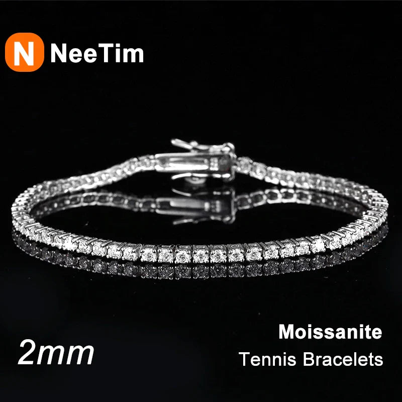NeeTim 2mm D Color Moissanite Tennis Bracelet 925 Sterling Silver with White Gold Plated Bracelets for Women Pass Diamond Tester Vera Lux