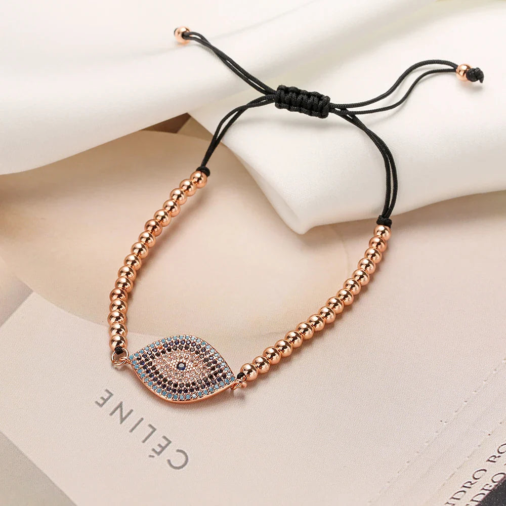 NEWBUY 2023 Fashion Hand Made Black Rope Beads Chain Bracelet Adjustable AAA CZ Zircon Evil Eye Charm Bracelets For Women Girl Vera Lux