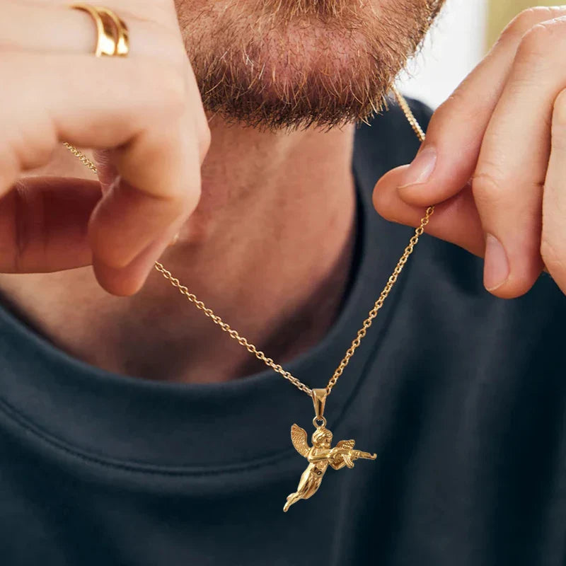 3D Angel with Gun Pendant Necklace for Men - 18K Gold Plated & 316L Steel Rope Chain Hip Hop Gothic Jewelry Gift Cupid's Reveng Vera Lux