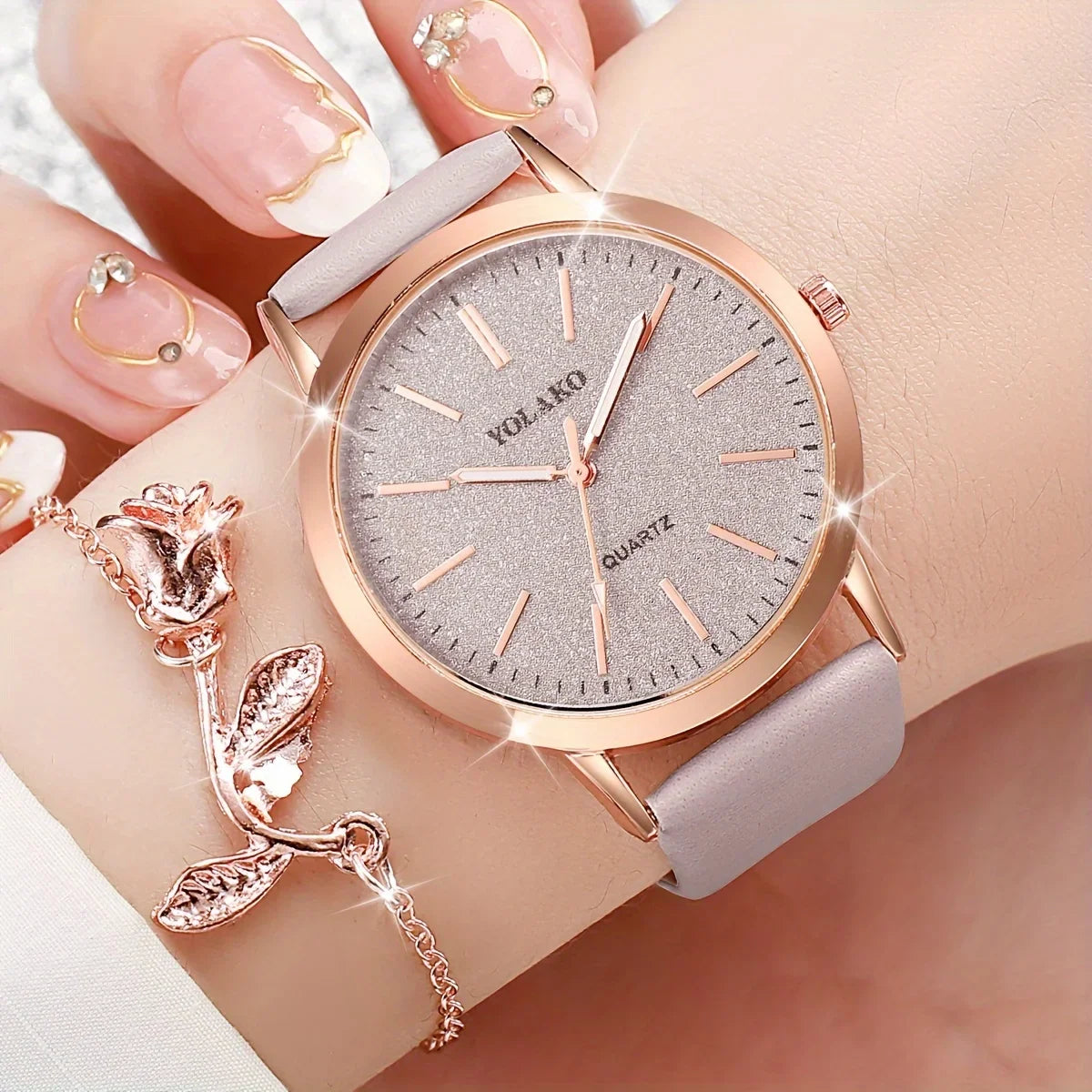 2PCS/Set Women's Watch Shiny Fashion PU Leather Analog Quartz Watches Rose Flower Bracelet Vera Lux