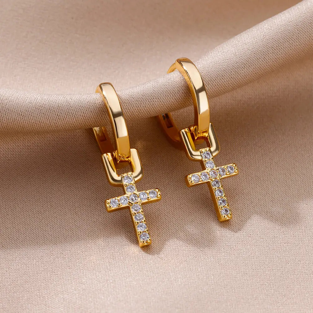 Zircon Cross Dangle Earrings For Women Girls Stainless Steel Cross Earring 2023 Trending Couple Wedding Aesthetic Jewelry aretes Vera Lux