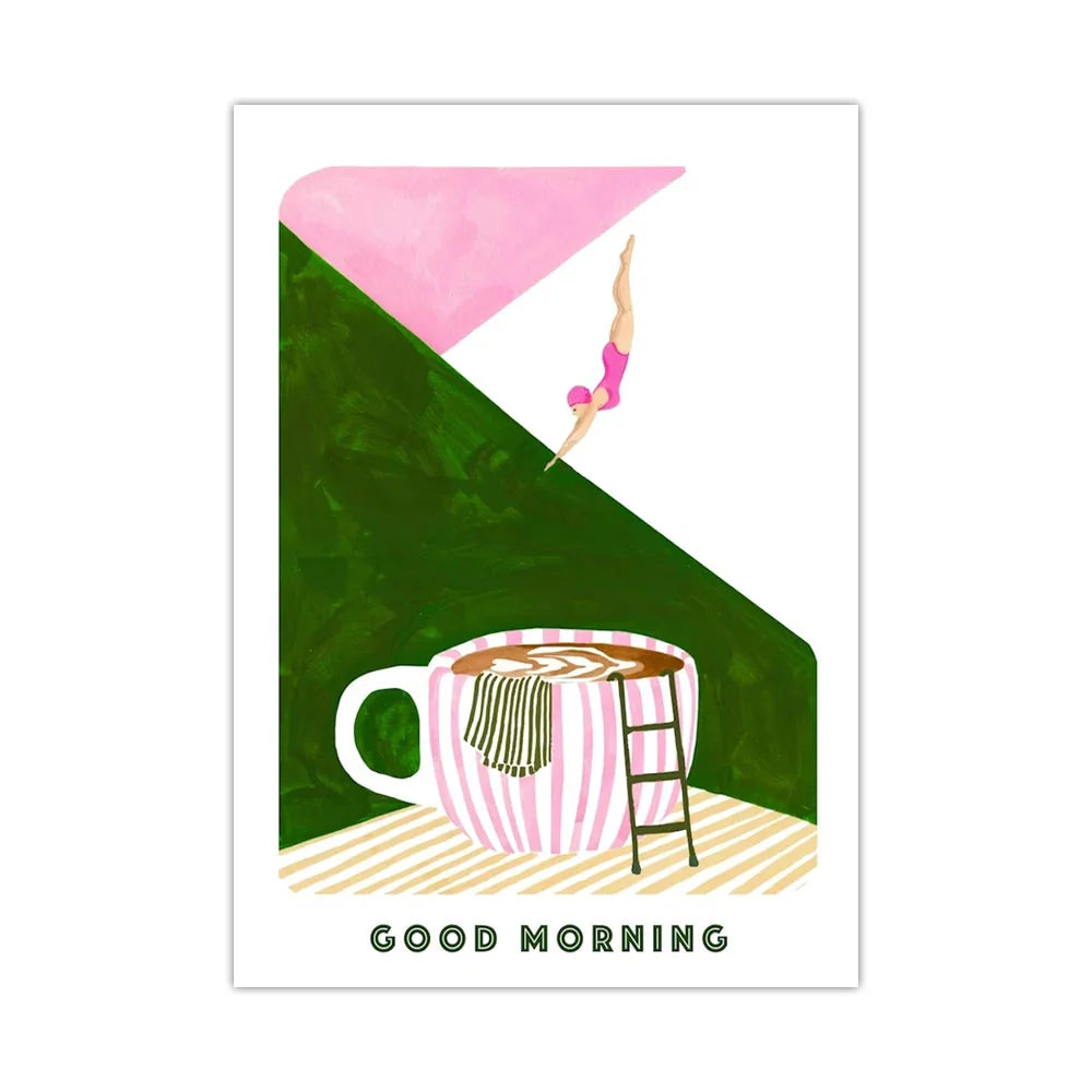 Retro Coffee Diving Poster Canvas Wall Art | Good Morning Coffee Print Econic Blanks