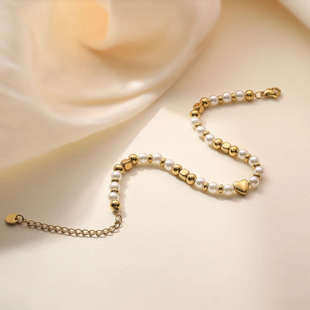 NEWBUY 2025 Trendy Gold Color Non-Fading Stainless Steel Beads Pearl Heart Bracelet For Women Daily Jewelry Accessories Vera Lux