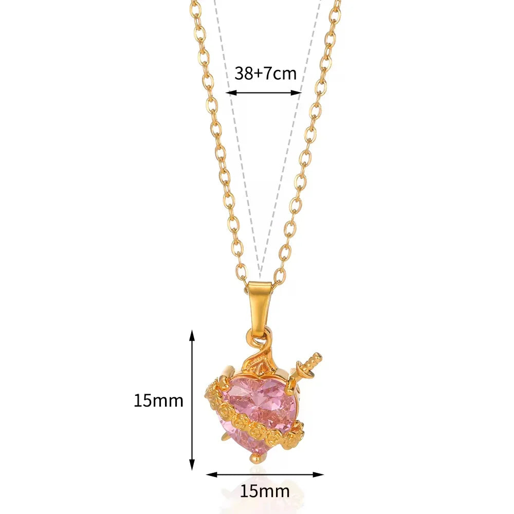 Pink Heart Zircon Necklace Gold Color Stainless Steel Cupid Eros Arrow Heart Pendant Necklace Korean Fashion Jewelry Girls Party Vera Lux