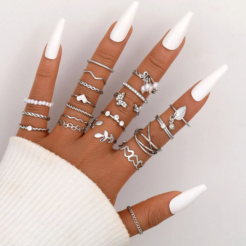 58 Pcs/Set Gold Color Rings Set For Women Men Vintage Hollow Butterfly Pearl Heart Crystal Geometric Rings Trendy Finger Jewelry Vera Lux