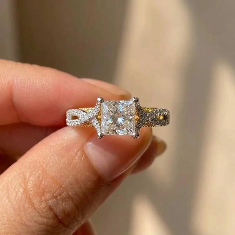 925 Sterling Silve Modern Fashion Princess CZ Two Tone Rings Luxury Bridal Wedding Unique Design Statement Jewelry for Women Vera Lux