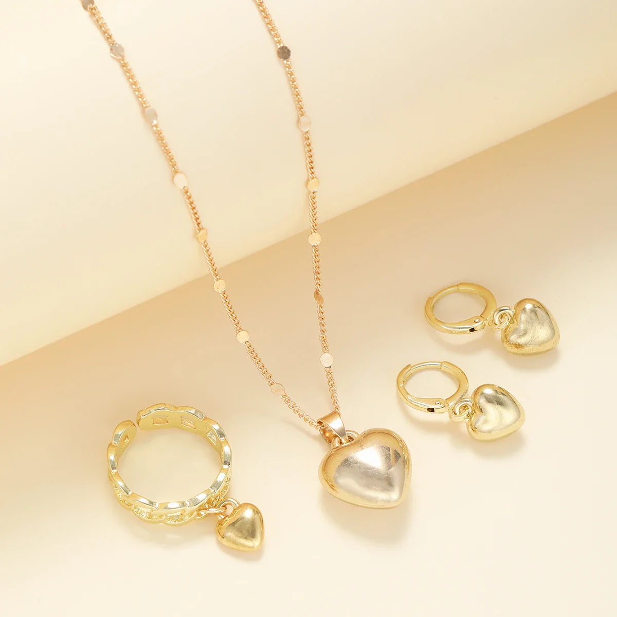 4Pcs/Set Vintage Love Heart Pendant Necklace Ring Hoop Earring for Women Simple Gold Color Smooth Jewelry Set Elegant Party Gift Vera Lux