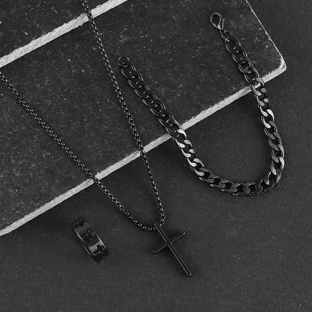 3pcs Set Men's Stainless Steel Metal Cross Pendant Chain Necklace Bracelet Ring Jewelry Set Male Hip Hop Daily Wear Accessories Vera Lux