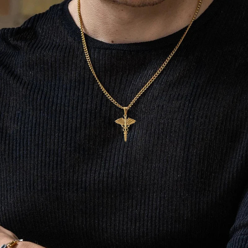 18K Gold Plated Stainless Steel Angel Wing Serpent Necklace - Greek Caduceus Pendant, Doctor/Nurse Charm Jewelry Vera Lux