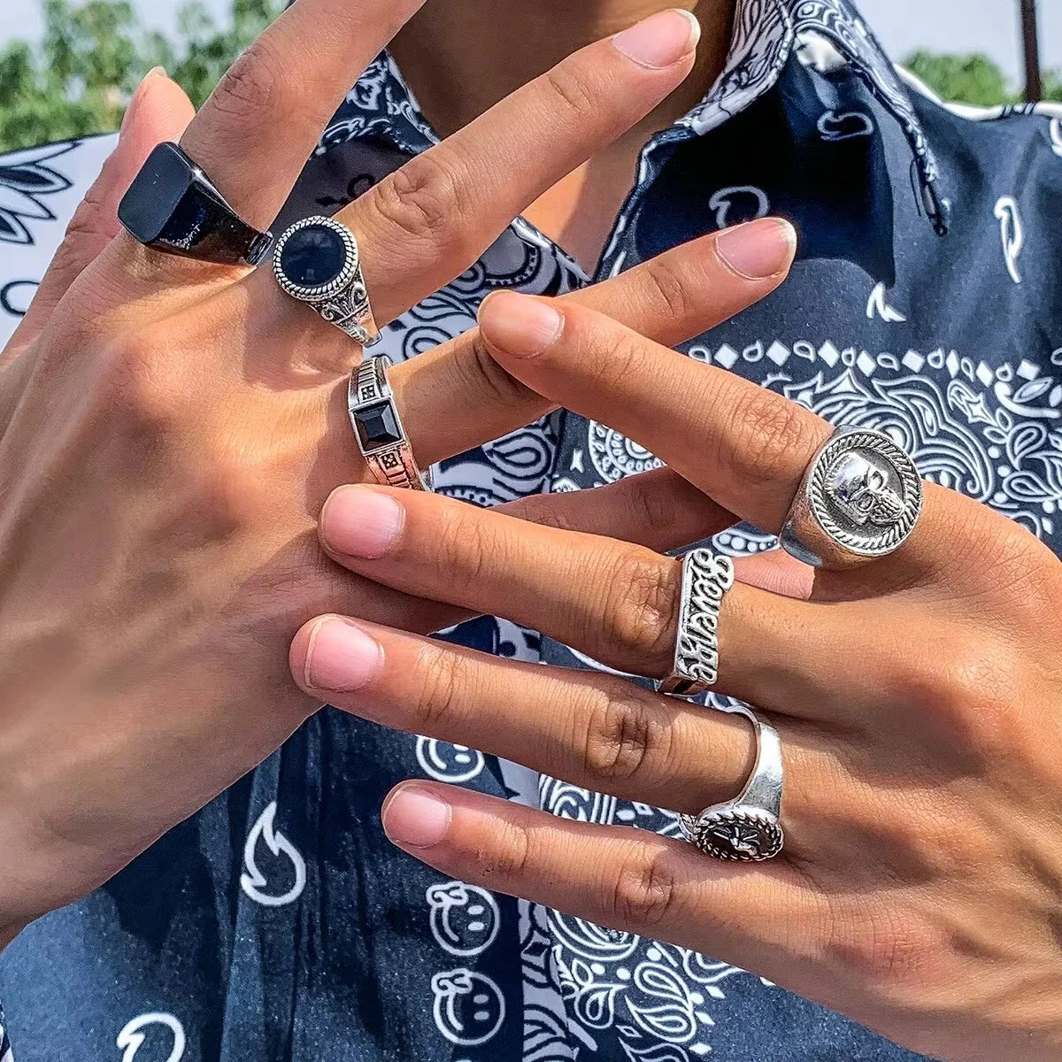 5Pcs/Set Goth Totem Horse Flame Antique Silver Color Rings for Men Unisex Punk Carved Knuckle Male Jewelry Accessories Steampunk Vera Lux
