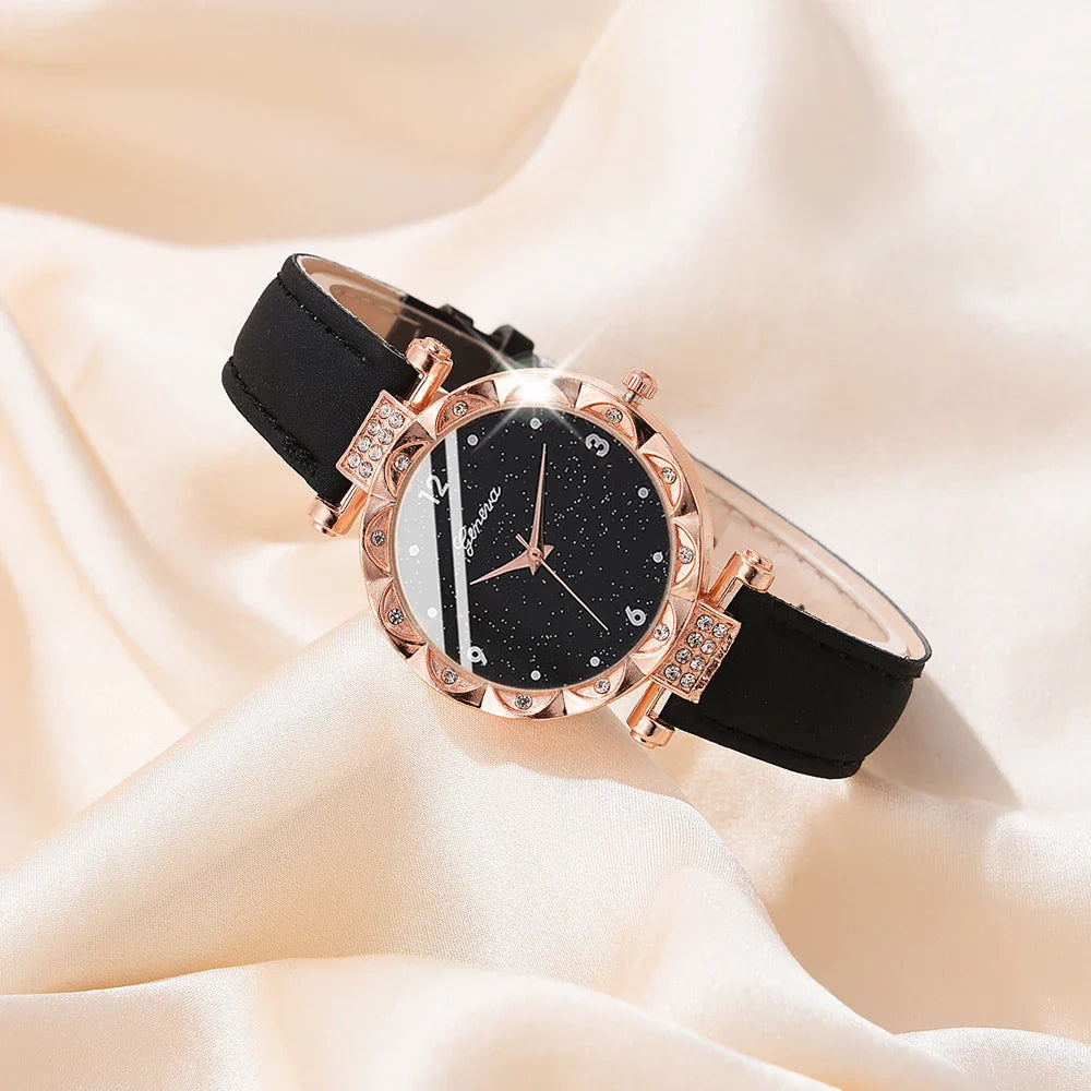 Womens Watches 5Pcs Set Luxury Rhinestone Women Fashion Elegant Wristwatch Quartz Watch For Girl WristWatch Bracelet Gift Vera Lux