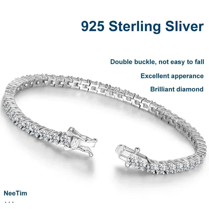 NeeTim 3mm 4mm Moissanite Tennis Bracelets 925 Sterling Silver Full Diamond with Gold Plated Bracelet Fine Jewelry for Women Men Vera Lux