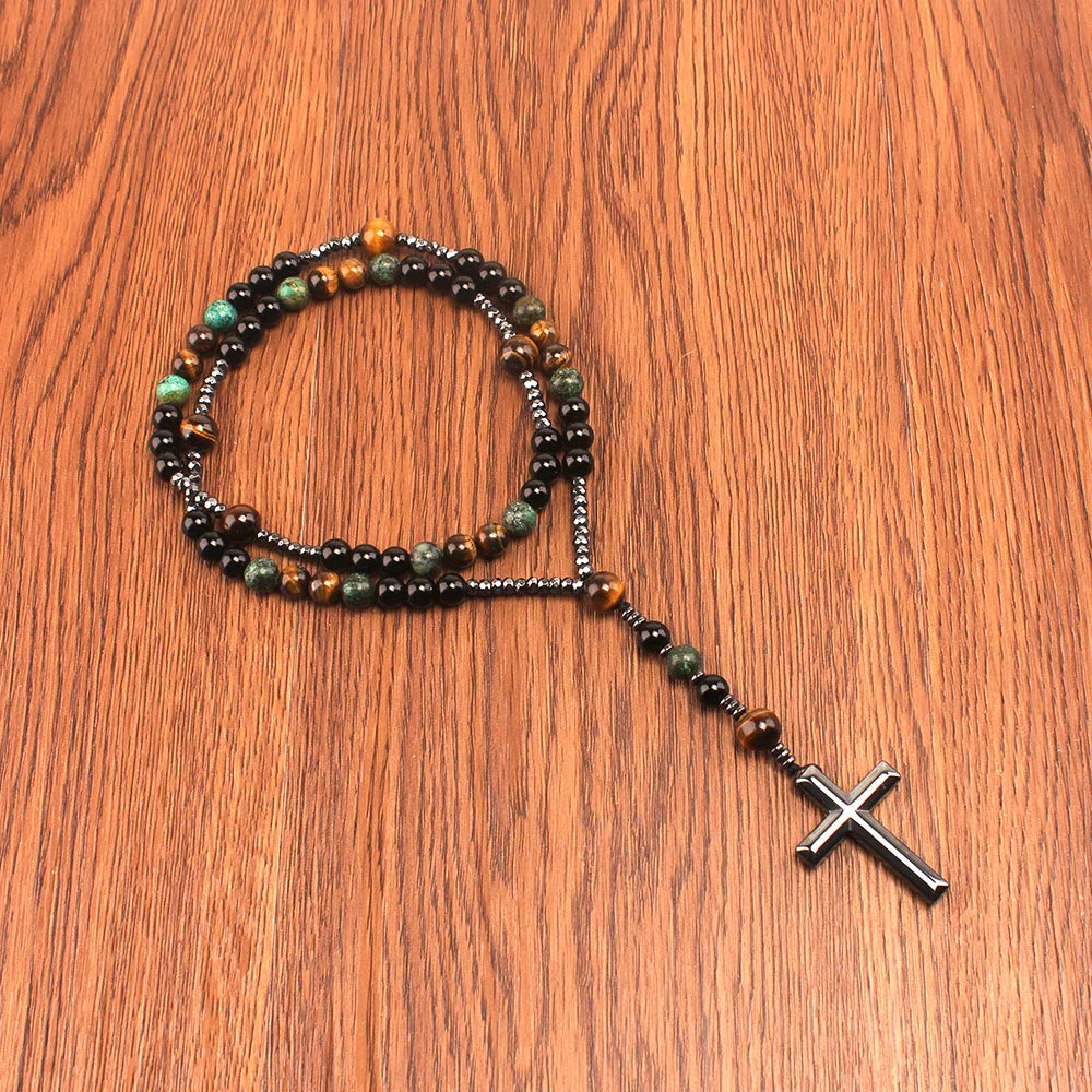 Natural Stone Africa Turquoise and Tiger-eye Beads Cross Pendant Necklace Rosary for Men and Women Vera Lux