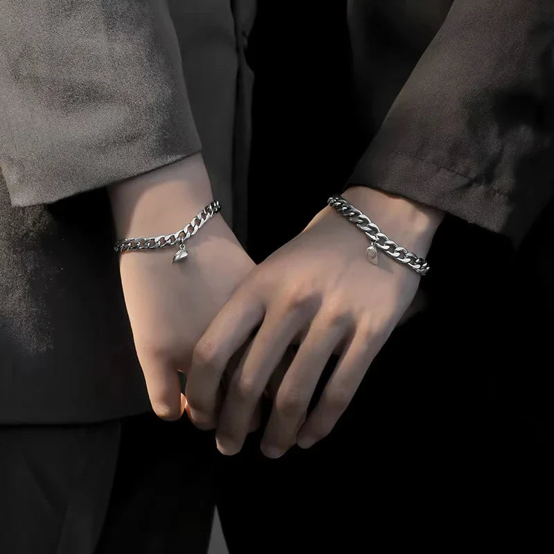 2Pcs/set Magnet Couple Bracelets Heart Attraction Bracelet Stainless Steel Charm Simple Cuban Chains Key Lock Jewelry Gifts Vera Lux