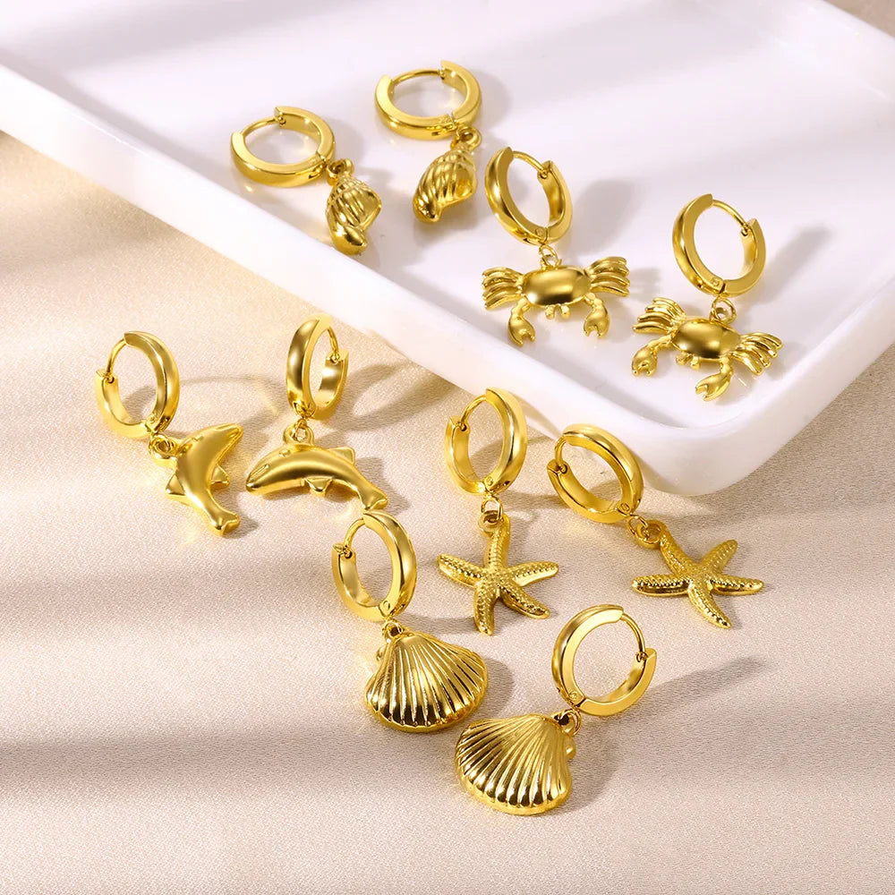 Freshwater Ocean Starfish Shell Hoop Earrings For Women Elegant Stainless Steel Gold Color Aretes Christmas jewelry accessories Vera Lux